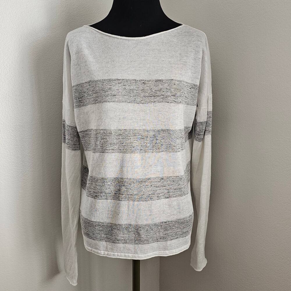 360 SWEATER Women's 100% Linen Striped Lightweight Sweater Knit Top S